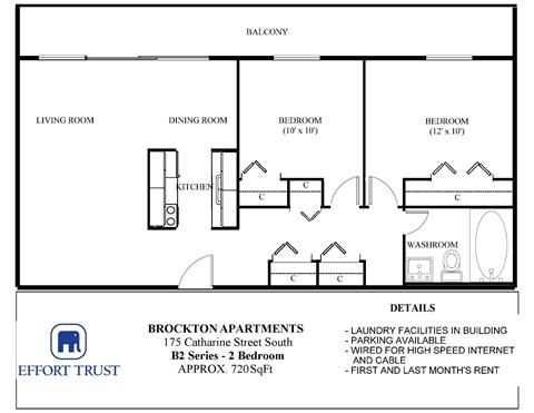 A floor plan for Brockton Apartments shows two bedrooms, a living room, a dining room, a kitchen, and a bathroom.